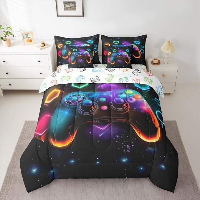 Game Consoles Boys Comforter Sets Twin Bed in a Bag 7 Piece Gamer Gifts,Gaming Twin Comforter Set for Boys Space Geometric Kids Sets Red Blue Teal,Kids Room Decor Bedroom Decor