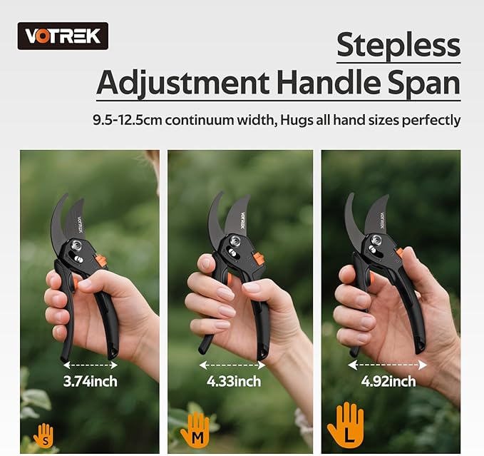 VOTREK® Pruning Shears for Gardening, [Patented Stepless Handle Opening] - Bonsai Scissor with Ultra-Sharp SK5 Steel for Weak Hand, Universal Fit for All Hand Sizes, Effortlessly Cuts 1-Inch Branches
