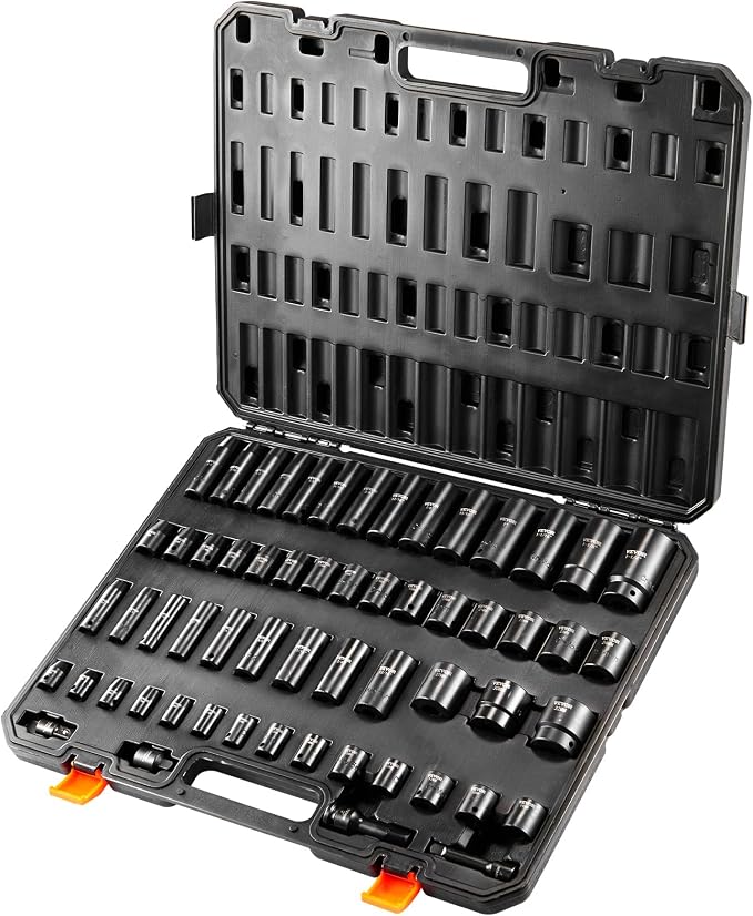 VEVOR Impact Socket Set 3/8" & 1/2" Socket Set 59PCS SAE 5/16" to 1-1/4" and Metric 6-32mm, 6 Point Cr-Mo Alloy Steel for Auto Repair, Easy-to-Read Markings, Rugged Construction, Storage Case