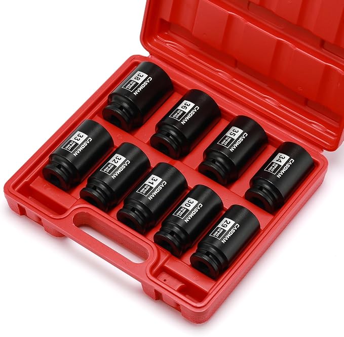 CASOMAN large socket set 1/2- Inch Drive Deep Spindle Axle Nut Impact Socket Set, 6 Point, CR-MO, Metric, 29mm-38mm, 9-Piece 1/2" Dr. Deep Impact Socket Set