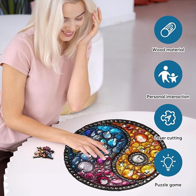 Delobil Puzzles for Adults 200 Pieces, 5MM Thick Colorful Crystal Yin-yang Wooden Puzzles, Gemstones Jigsaw Puzzles for Adults and Kids, Family Game Gift 11.2 * 11.2Inch