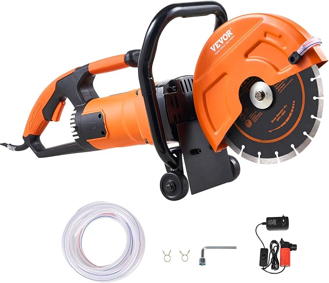 VEVOR Electric Concrete Cutter, 9 in Circular Saw with 3.5 in Cutting Depth, Wet/Dry Disk Cutter Includes Water Line, Pump and Blade, for Stone, Brick, Porcelain, Concrete, 1800W Motor