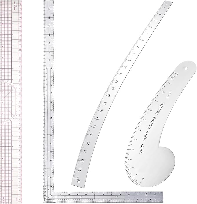 Xuhal 4 Pcs French Curve Ruler Sewing Ruler Set Aluminum Sewing Tools Supplies for Quilting with French Curves Aluminum Designers Kit Includes Curve, Hip, L Square and Plastic Grading for Design Craft