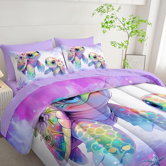 Sea Turtle Bedding King Comforter Set 7 Piece,Coastal Beach Themed Bed Set for Kids Girls Room Decor,Cute Bedding with 1 Comforter,1 Flat Sheet,1 Fitted Sheet,4 Pillowcases.