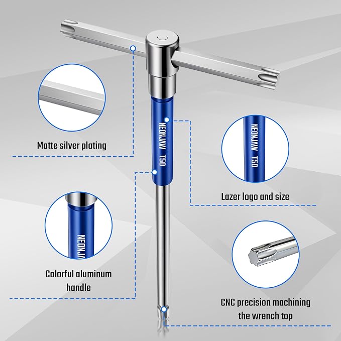 10pcs T-Handle Torx Allen Key Wrench Set T55 T50 T45 T40 T30 T27 T25 T20 T15 T10 with 3-Way Sliding Handle, Spinning Sleeve, Steel Storage Rack for DIY, Mechanics, Blue