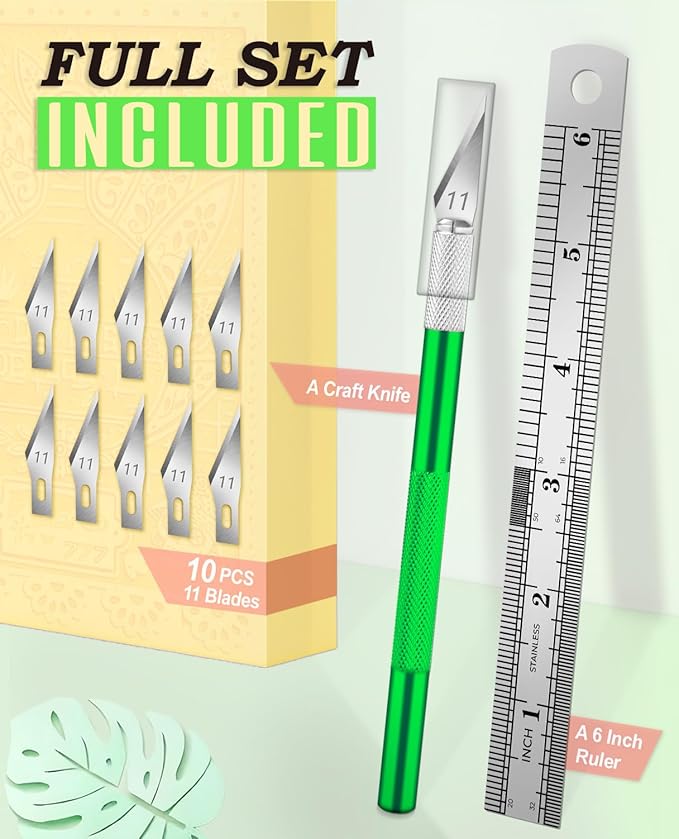 DIYSELF Craft Knife with 10 Extra #11 Blades, Precision Hobby Knife Set with Steel Ruler, Exacto Knife for Crafting, Polymer Clay, Pottery, Paper, Vinyl, Stencil & Model Making (Green)