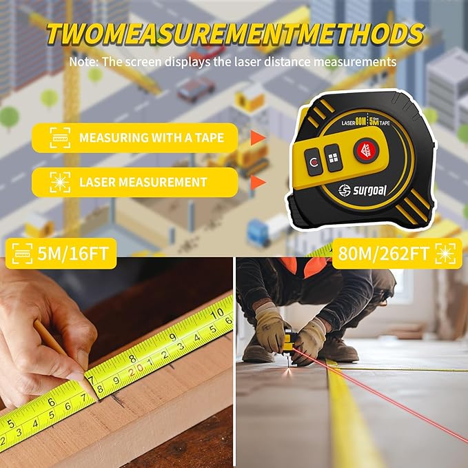 2-in-1 Laser Tape Measure 262ft Rechargeable Digital Tape Measure with Laser 16Ft Construction Measuring Tape for Woodworking and DIY, Pythagorean, Area, Volume, Ft/Ft+in/in/M Unit Magnetic Hook