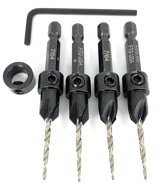 FTG USA Countersink Drill Bit Set 4 Pc #4 (7/64") Wood Bit, Tapered Bit, Stop Collar, Hex Wrench for Woodworking