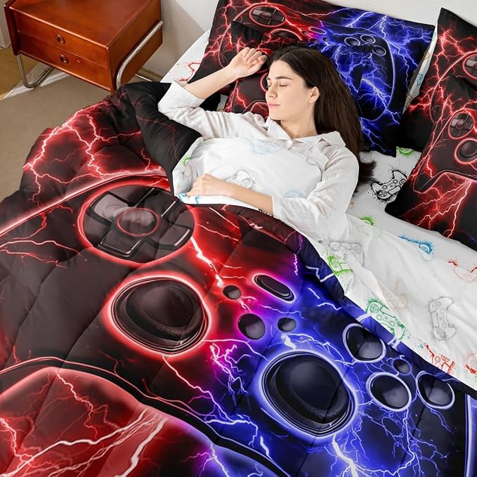 Erosebridal Gaming 7-Piece Comforter Set Full Bed in a Bag, Gamer Bedding Sets Video Game Consoles Comforter and Sheet Set, Red Blue Lightning Room Decor,Gaming Decor for Boys Bedroom