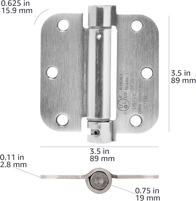 Amazon Basics Self-Closing Door Hinge, 3.5 Inch x 3.5 Inch, 5/8-Inch Radius, Satin Nickel, 1-Piece, Hardware Included