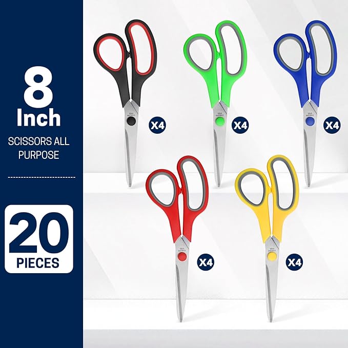 BURVAGY 8" 20 Pack All Purpose Heavy Duty Scissors- Comfort-Grip Sharp Scissors for Office School Sewing Fabric Craft High/Middle School Student Teacher Scissor, Right/Left Hand