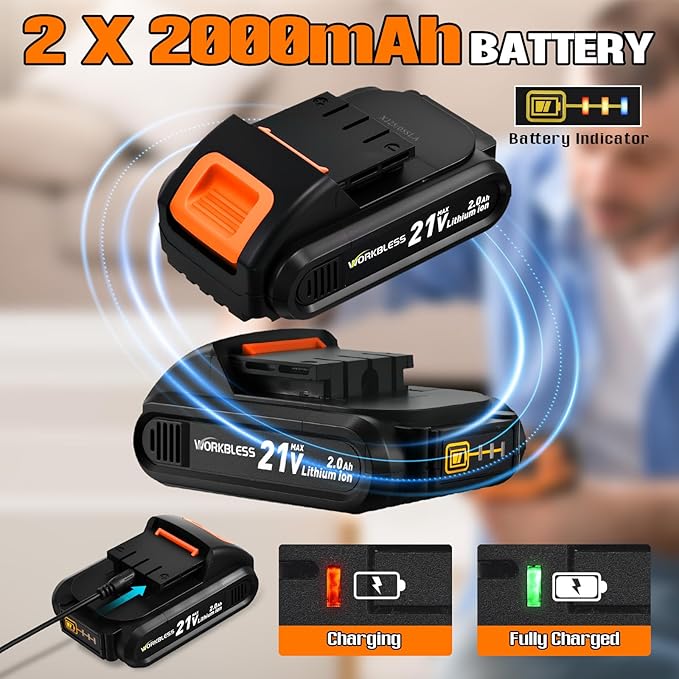 WORKBLESS 21V Power Drill Set, Cordless Drill with Batteries and Charger, 3/8'' Keyless Chuck, Variable Speed, 18+1 Torque Setting and 28pcs Bits Tool Set(Orange, 2 Batteries)