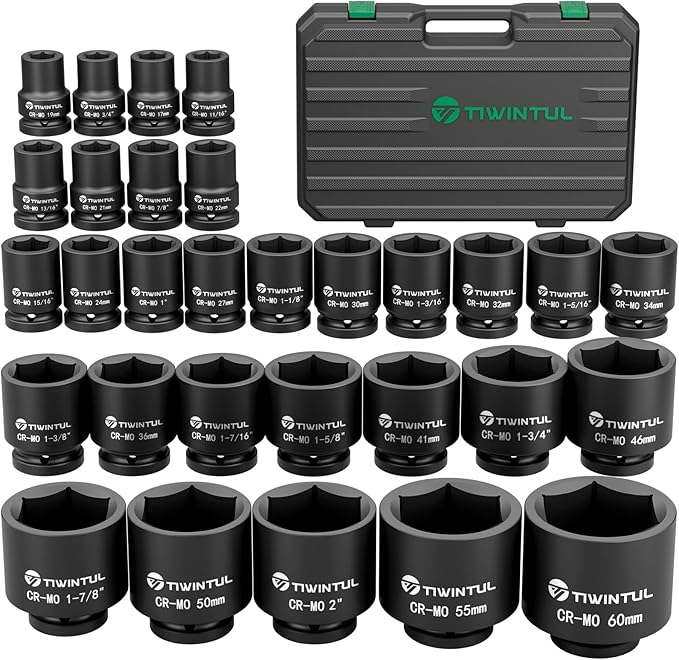 3/4” Impact Socket Set, 30 PCS, SAE 11/16” - 2” & Metric 17-60mm | Heavy Duty, 6-Point, Jumbo & Big, CR-MO Steel, Rugged Storage Case, for Truck, Tractor, Construction & Agricultural Machinery