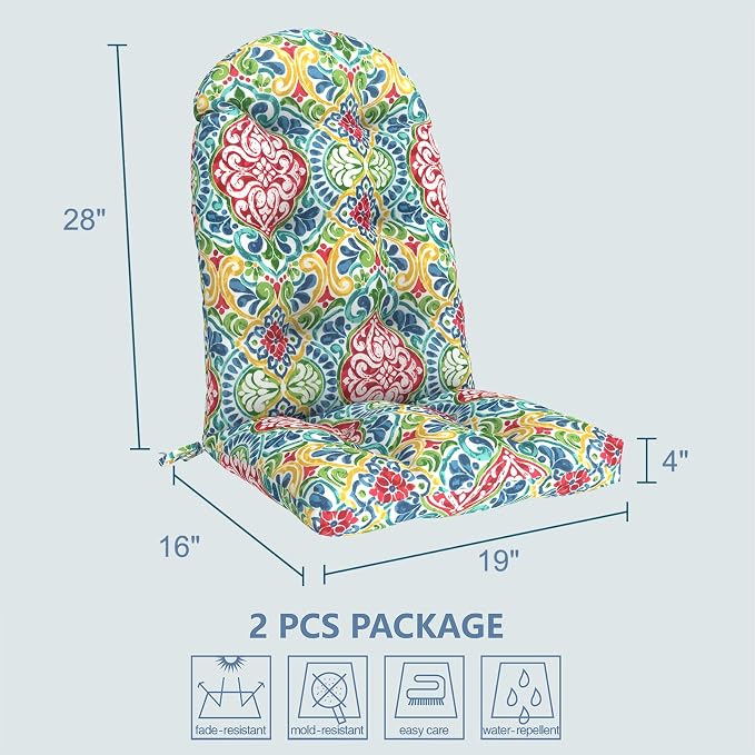 LVTXIII 2 Pack Outdoor Adirondack Chair Cushions, 44x19x4 Inch Water Repellent Patio Cushions for Rocking Chairs, Thick Tufted High Back Seat Cushion Set, Damask Red