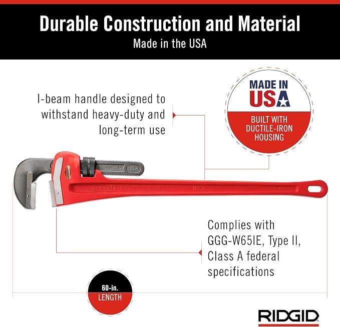 Ridgid 60 HD 8" capacity, 60" Long Heavy-Duty Straight Pipe Wrench, Red, Medium