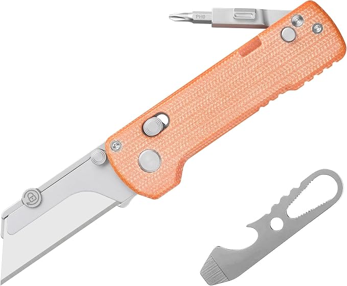 OKNIFE U1 Pro Multitool Folding Utility Knife with Folding Screwdriver, Quick Change Blade, Rail Lock & Pocket Clip for Men Women (Orange Micarta)