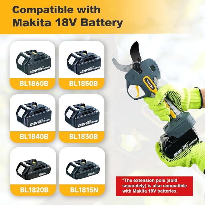 2-in-1 Pole Pruning Shears Cordless, 50mm 2" Cutting Diameter Electric Secateurs & 9.2ft Reach Telescopic Rod Compatible with Makita 18V Battery Powered Pruner Professional for Tree Trimming