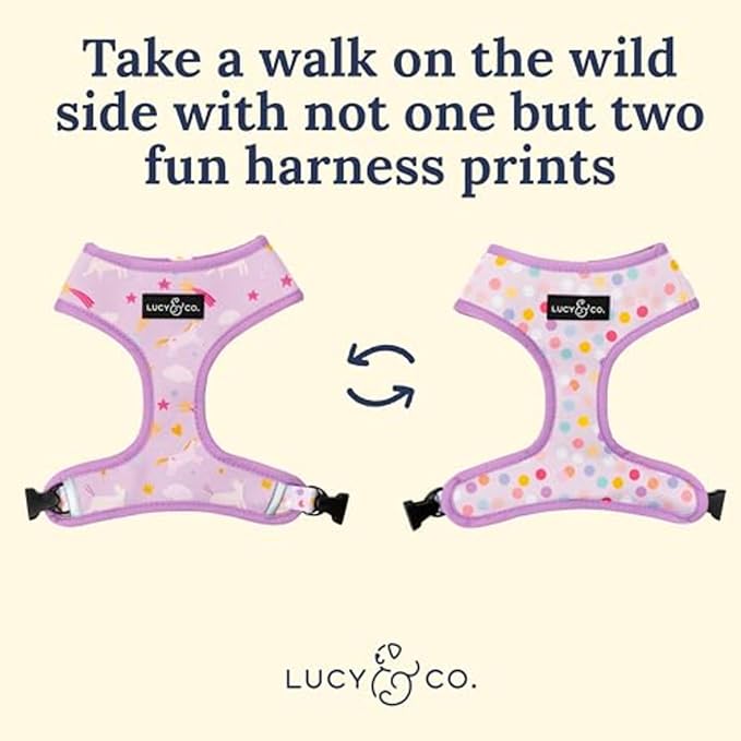 Lucy & Co. Reversible Dog Harness - Water-Repellent Neoprene, Dual-Print Design, Easy Swap Style, Adjustable Comfort Fit - Making Magic Reversible Harness - X-Small