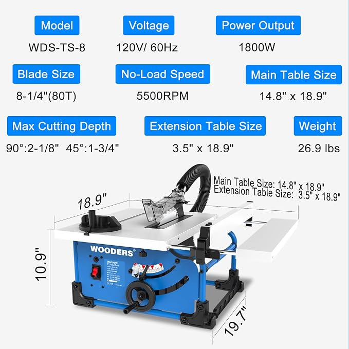 8-1/4-Inch Table Saw, 15-Amp 5500 RPM Motor, Heavy-Duty 80T Blade | Compact Woodworking Saw with Extendable Cast-Iron Table, 0-45° Bevel & Rip Fence, Ergonomic & Easy to Use for Home DIY