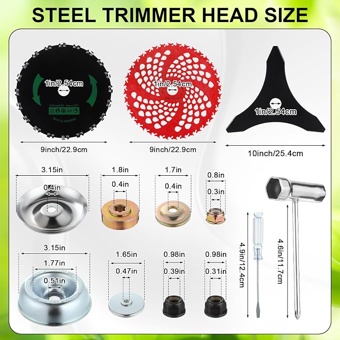 Duraaamo 7 Pcs Brush Cutter Kit Include 9" x 36T Carbide Tipped Blades, 9" x 20T and 10" x 3T Blades with Adapter Kit and Trimmer Head Replacement