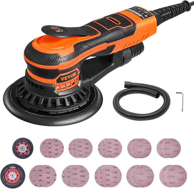 VEVOR Random Orbital Sander 5 & 6-Inch, 350W Brushless Orbital Sander, 10,000 PRM 6 Variable Speed Electric Palm Sander with 20PCS Sandpapers, Dust Connector & Hose for Woodworking Detailing Sanding