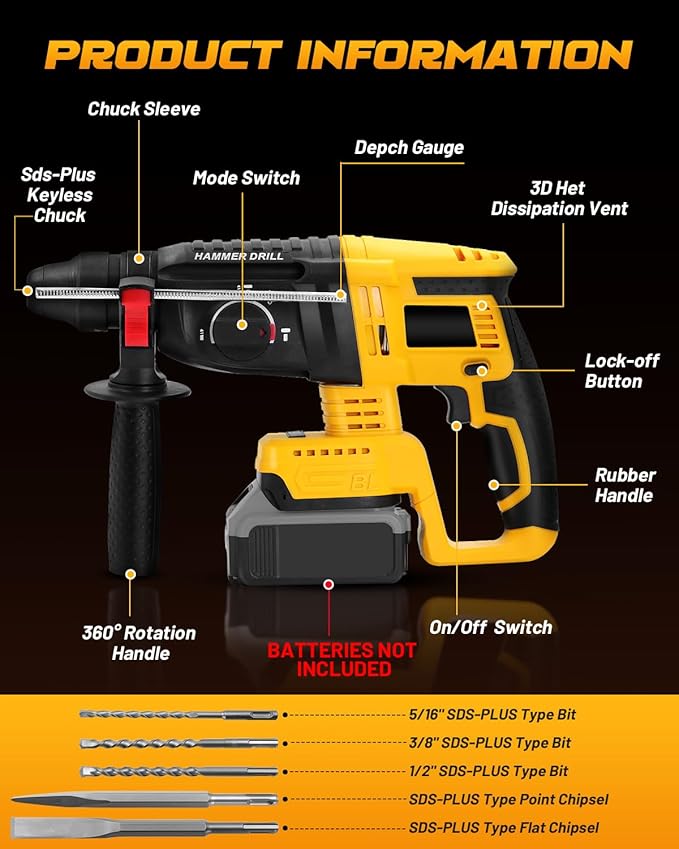 Cordless SDS Hammer Drill for Dewalt 20V MAX Battery, Brushless Rotary Hammer Drill with Safety Clutch for Concrete/Masonry (No Battery)