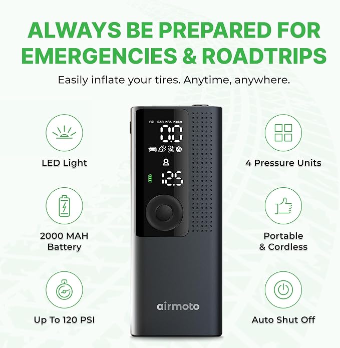 Airmoto Tire Inflator Portable Air Compressor - Air Pump For Car Tires with Digital Pressure Gauge, LED Light and Auto Shut-Off Function - Cordless Pump for Car, Motorcycle, Bicycle, Ball