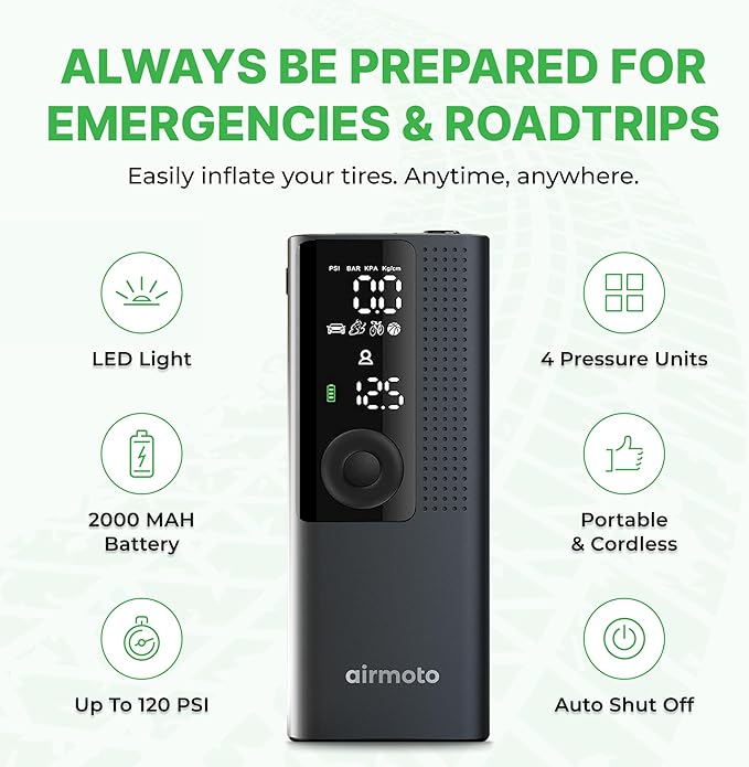 Airmoto Tire Inflator Portable Air Compressor - Air Pump For Car Tires with Digital Pressure Gauge, LED Light and Auto Shut-Off Function - Cordless Pump for Car, Motorcycle, Bicycle, Ball