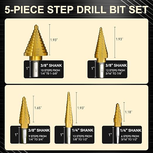 Step Drill Bit Set for Metal- 5PCS Titanium 4241 HSS Step Bit with Two Straight Flutes, 50 Sizes from 1/16" to 1-3/8" for Aluminum, Wood & Plastic, Unibit for Electricians & DIY