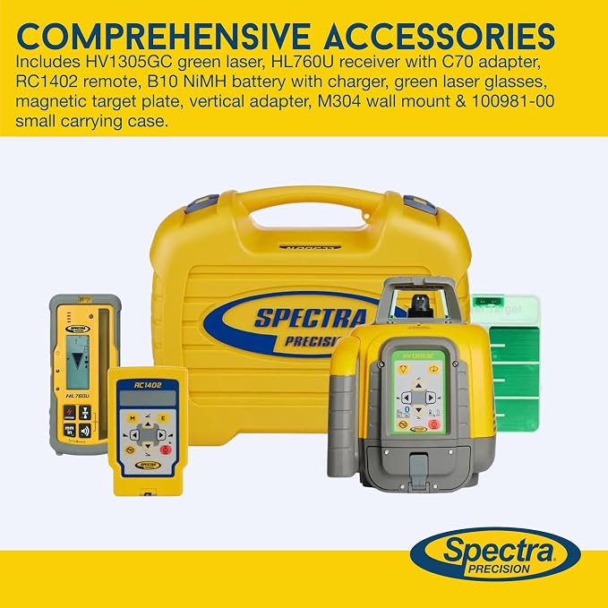 Spectra Precision HV1305GC Laser Kit with HL760U Receiver, RC402N Remote, M302 Wall Mount & Accessories — IP66, ±1.5 mm Accuracy, 1,200 m Range - Green Beam - Small Case