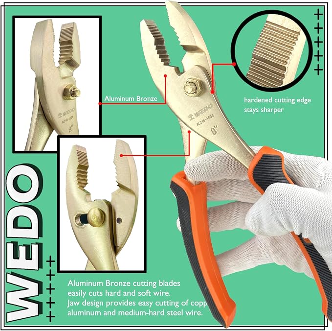 WEDO Non-Sparking Slip Joint Pliers 6", Spark-free Safety Wire Cutter Pliers, DIN Standard, BAM & FM Certificate, Opening Max 8mm, Aluminum Bronze