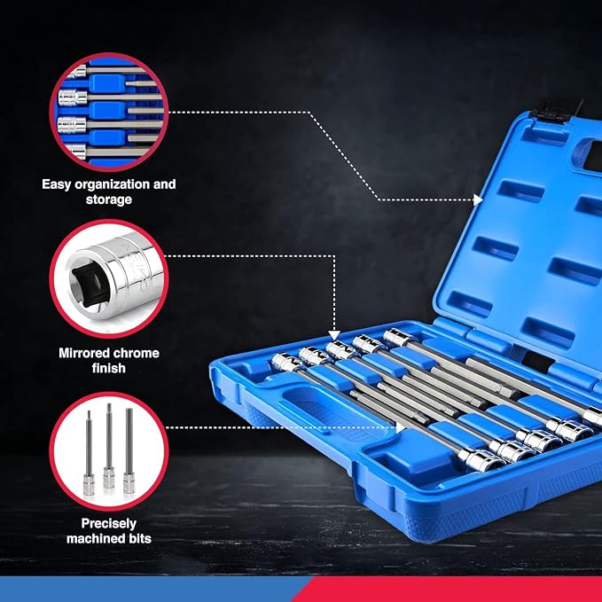 Neiko 10077A 3/8” Drive Metric Extra Long Allen Hex Bit Socket Set | 10 Pieces | Sizes 3mm – 10mm | Shaft Length 6” | Premium S2 Steel Bits | Heavy Duty Cr-V Sockets | Exceeds ANSI Standards