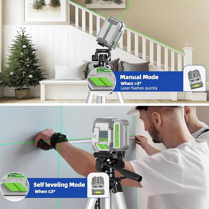 Huepar Pro Laser Level Rechargeable, Self Leveling Green Cross Line Laser Level Tool with Outdoor Pulse Mode, Compact Laser, 18-Hour Long Runtime, 360° Magnetic Bracket, Hard Carrying Case Included