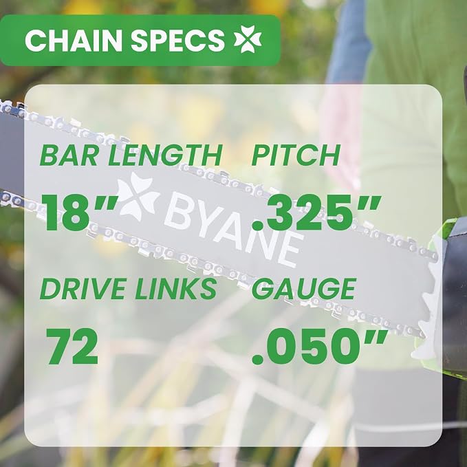 BYANE 18-Inch Carbide Chainsaw Chain .325" Pitch .050" Gauge 72 Drive Links | Fits Husqvarna 440, 445, 450, 455 Rancher and Echo CS-400, CS-590