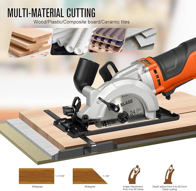 Yunirvana 710W Corded Mini Circular Saw, 5200RPM Electric Circular Saw, Parallel Guide, Compact Saw with 2Pcs Blades(24T Wood Blade and 60T Metal Blade), for Wood, Metal, Plastic, Home Renovation