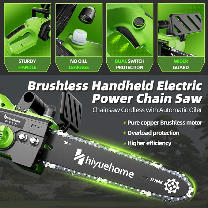 Power Chainsaw 12inch,Chainsaw Cordless w Automatic Oiler, Handheld Electric Power Chain Saw w Security Lock, Brushless Motor,for Wood/Trees Trimming (Green - 2 batteries, 12 INCH)