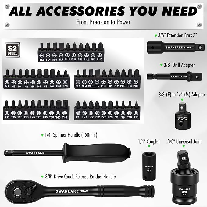 105-Piece 3/8" Drive Impact Socket Set, SAE (5/16 to 3/4 inch) and Metric (8-22mm) 6 Point CR-V Steel Socket Wrench Set, Extension Bars, Universal Joint, Ratchet Handle, Screwdriver Bit Mechanic Tool