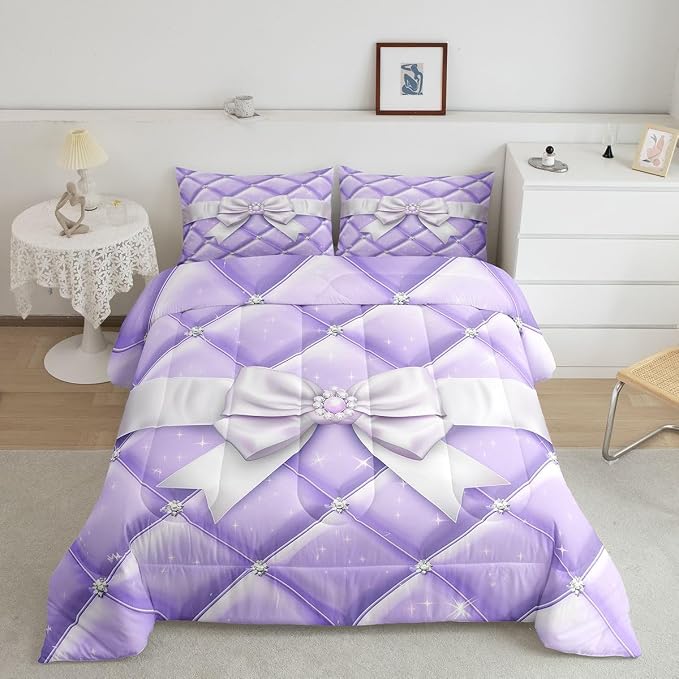 Feelyou Cute Purple Bow Kids Comforter Set King Size Glitter Bowknot Bedding Set Princess Duvet Quilt for Kids Boys Girls Bedroom Decor Microfiber Ultra Soft Breathable