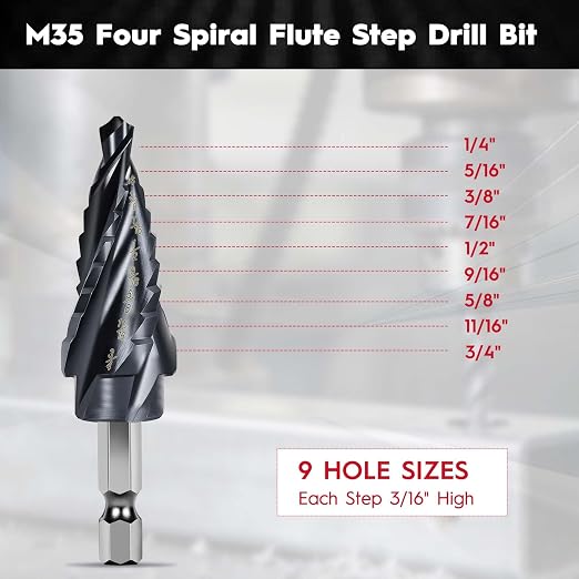 Cobalt M35 Step Drill Bit 1/4" to 3/4", TiAlN Coating 4 Spiral Flute Step Bit, 9 Sizes M35 Cobalt HSS Step Drill for Stainless Steel, Metal, Aluminum, Plastic