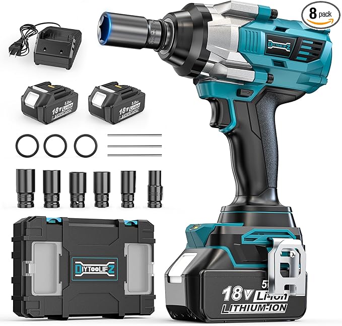 DIYtoolifz Cordless Impact Wrench 1/2" Compatible with Makita 18V Battery, 1000Ft-lbs (1360N.m) Brushless High Torque Impact Gun, Impact Driver for Car Truck Mower, with 2x5.0AH Battery & 6 Sockets