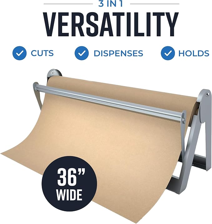 Bryco Goods - 36 Inches All Paper Roll Dispenser and Cutter Made of Heavy-Duty Steel Frame & Sharp Blade. Holds, Dispenses & Cuts. Non-Slip Tabletop. Up to 1000ft Rolls