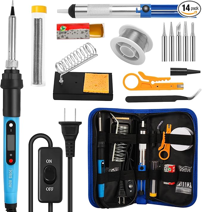 FEITA Soldering Iron Kit for Electronics, 14 in 1 Welding Tools Kit with Switch 80W LCD Adjustable Temperature Solder Iron, 2 Solder Wire, Flux, 5 Soldering Tips, Desoldering Pump, Stand, Tweezers