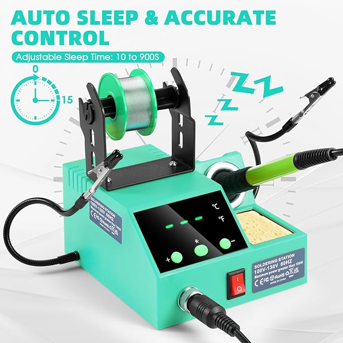 Soldering Station, 100W Digital Display Soldering Iron Station Kit with 2 Helping Hands, 356°F - 896°F, Auto Sleep, °C/°F Conversion, Solder Wire, Tips, Stand, Pump, Tweezers, Tip Cleaner, Cyan