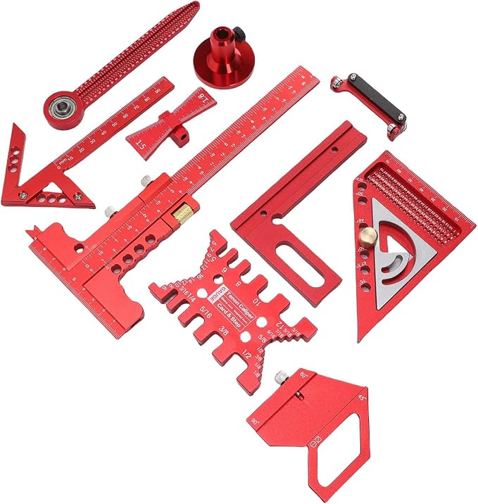 Woodworking Ruler Set, 9Pcs Aluminum Alloy Geometry Set Precision Measuring Tools for Accurate Layout Includes T Square Ruler, Compasses, Protractor, and Dovetail with
