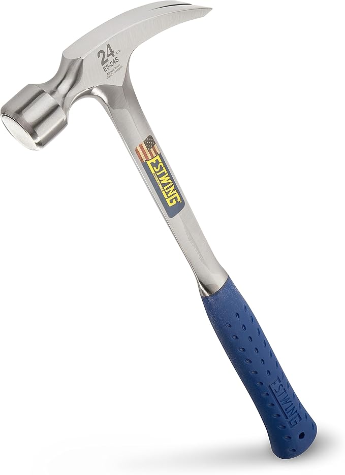 ESTWING Framing Hammer - 24 oz USA Made Long Handle Straight Rip Claw Hammer with Smooth Face & Shock Reduction Grip - E3-24S
