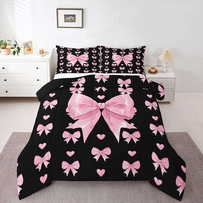 Feelyou Cute Black Pink Bowknot Kids Comforter Set Queen Size Love Hearts Bow Bedding Set Girly Bow Tie Duvet Quilt for Kids Boys Girls Bedroom Decor Microfiber Ultra Soft Breathable