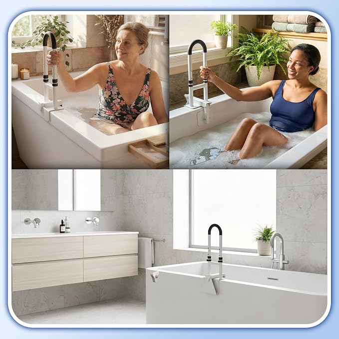 Adjustable Bathtub Safety Rail,Bathroom Grab Bar for Elderly&Seniors,Fall Prevention Assist Handle with Tool-Free Stallation,Knob-Clamp Design,250lbs Capacity,White
