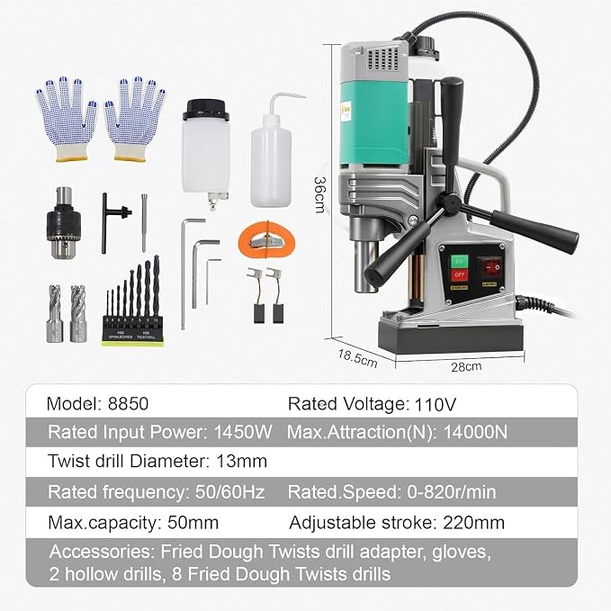 Mag Drill Press, 1450W 2" Boring Diameter, Portable Electric Magnetic Drill Press with 2 Coring Bits, 3147 lbf Power Magnetic, 820 RPM for Metal Surface, Industrial and Home Improvement