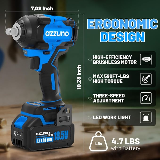 AZZUNO 1/2" Impact Wrench, 900N.m (665 Ft-lbs) Brushless Cordless Impact Driver, High Torque Electric Wrench With 2x 4.0Ah Battery, Charger & 4 CR-V Sockets, Led Light for Home Car Truck Tires