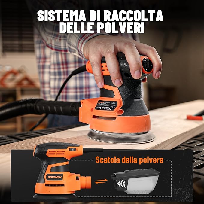 DOVAMAN ROS01A Orbital Sander, 3A Random Orbit Sander, 6 Variable Speeds, Up to 13000 rpm, 12pcs Sandpapers, 5in Sanding Pad, Dust Collection, Electric Tool Perfect for Woodworking